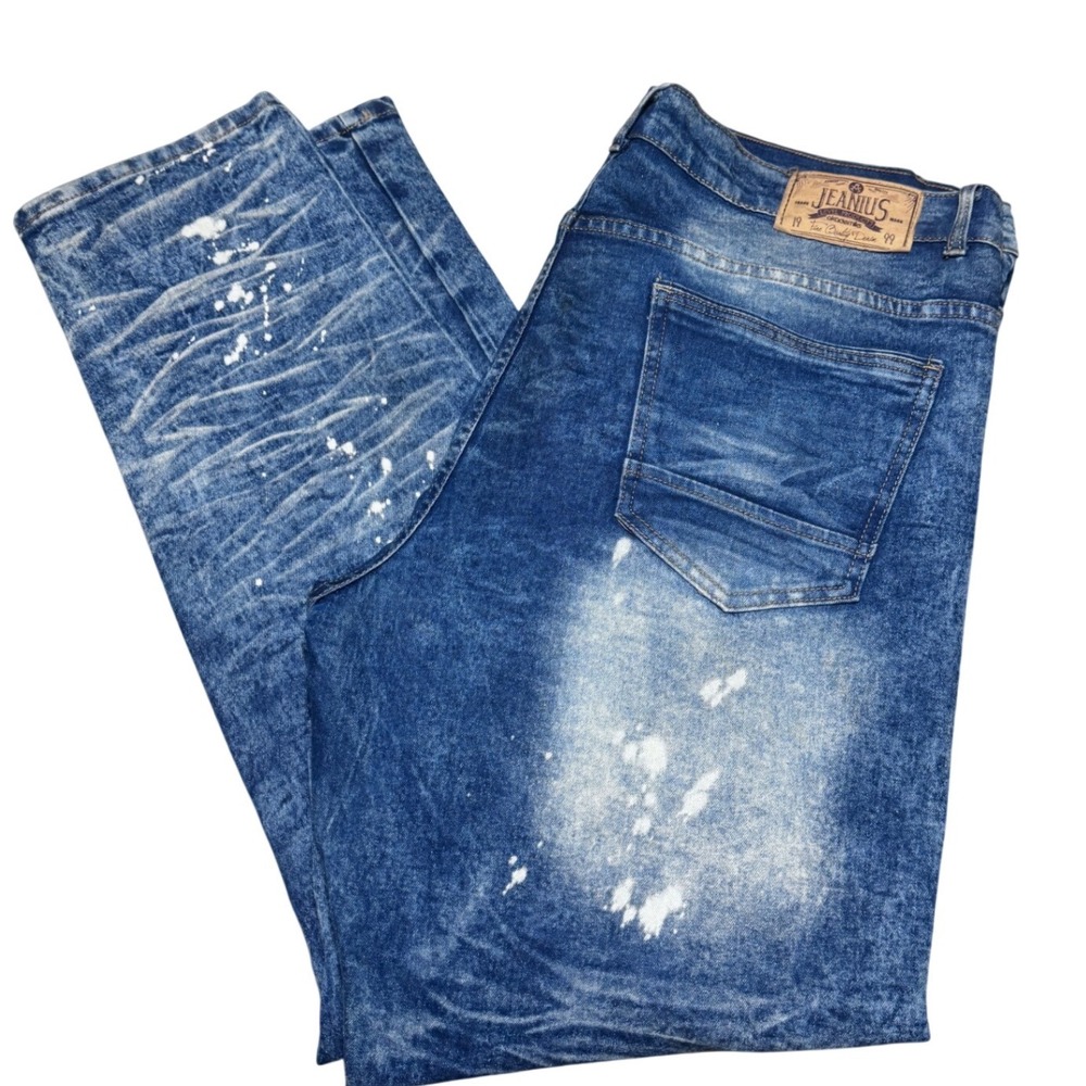 Jeanius Akademiks Mens 42x32 Blue Acid Wash Paint Splatter Moto Jeans Y2K